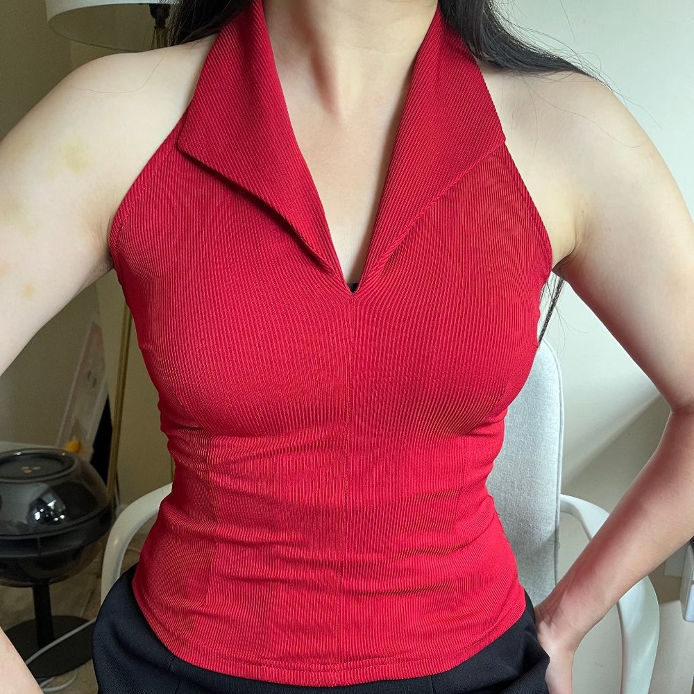 Ribbed, red collared work shirt M,L